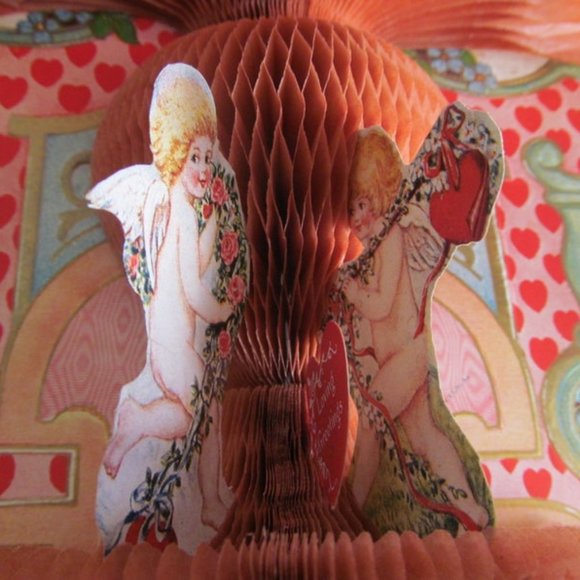 Valentine Decor Antique Honey Comb Centerpiece Greeting Card Cupid - Picture 3 of 7
